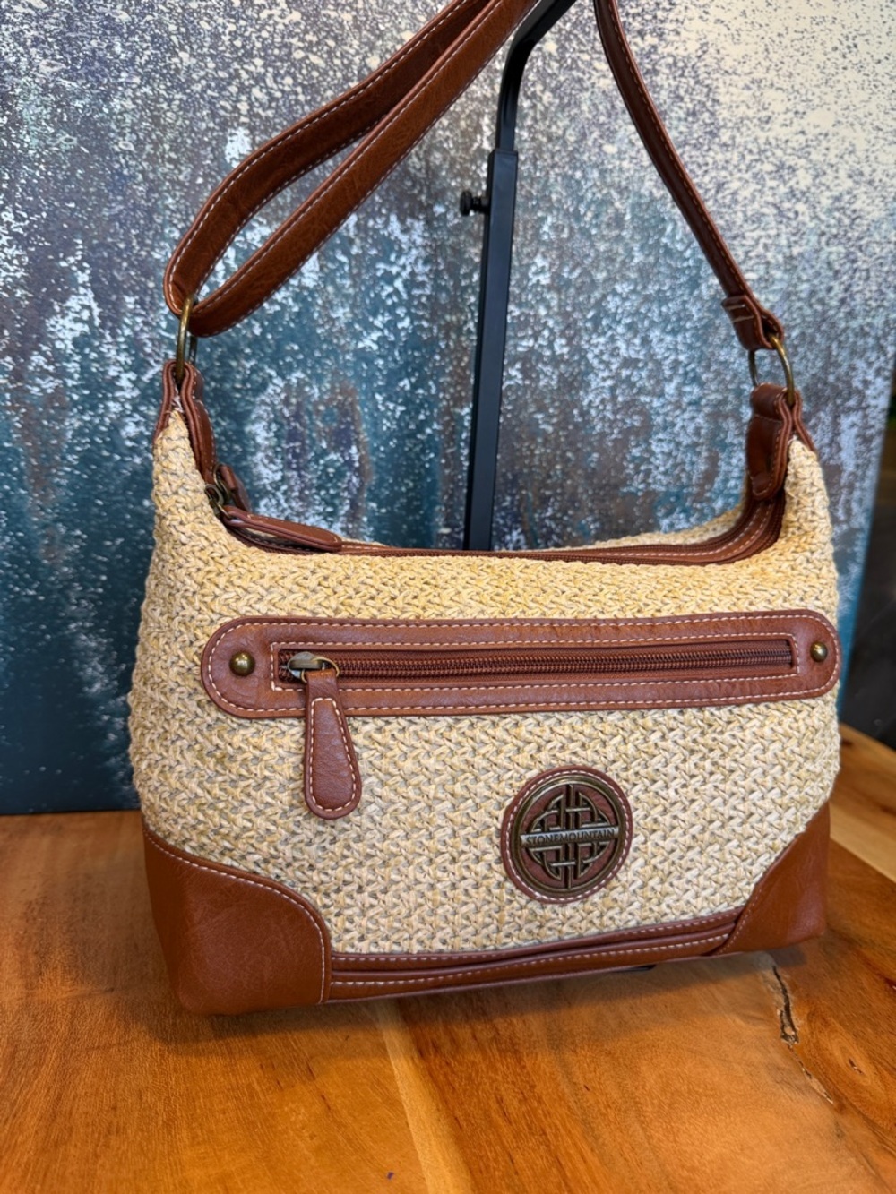 Stone Mountain Boho Woven Straw Faux Leather Crossbody Shoulder Bag Tan (VGUC) - Picture 8 of 16
